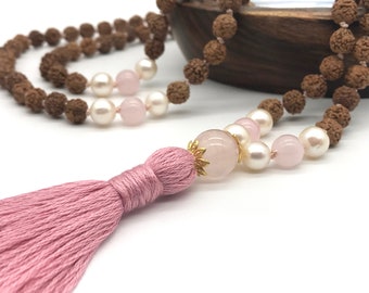 Handmade Mala Necklace 'Love & Purity' | Rose Quartz, Pearls | Rudraksha | Pink | Tassel | Prayer Beads | Yoga Gift | 108 Mala Beads