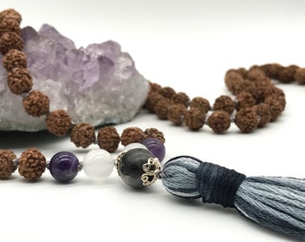 Handmade Mala Necklace 'Inner Peace' | Jade, Amethyst, Rose Quartz | Rudraksha | Tassel | Prayer Beads | Yoga Gift | 108 Mala Beads