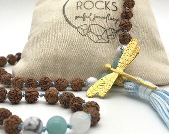 Mala Necklace 'Follow Your Dreams' | Amazonite, Jade, Howlite | Rudraksha | Prayer Beads | Handknotted | Yoga Gift | 108 Mala Beads