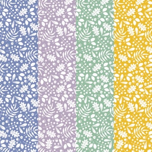 Op de afbeelding: Drie verticale naadloze patronen met witte gestileerde bladeren, bloemen en eikels op een blauwe, paarse en groene achtergrond.