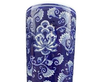 Blue flower Umbrella Stand /WALKING STICK HOLDER Ceramic 18" Round Victorian Design