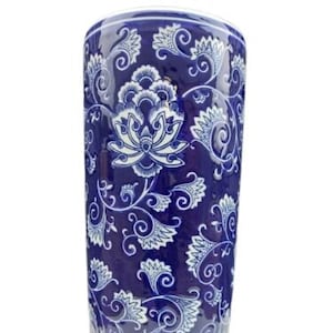 Blue flower Umbrella Stand /WALKING STICK HOLDER Ceramic 18" Round Victorian Design