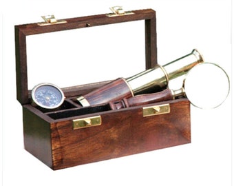 Antique Style Nautical Set of 3 Telescope - Magnifying Glass - Compass With Wood Box Perfect Gift