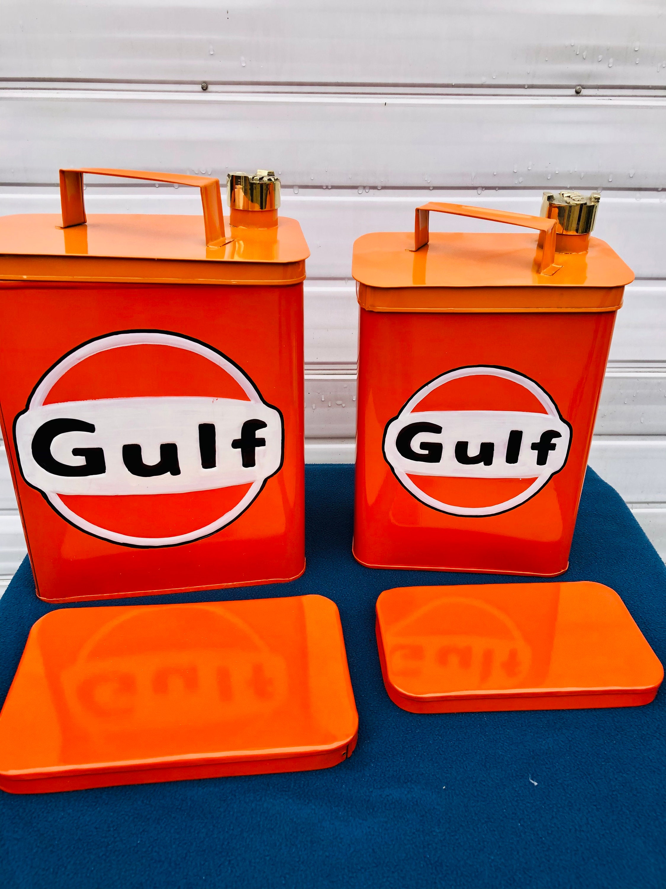 Gulf set of 2 Metal storage Boxes Cans/Cannister Garage Etsy