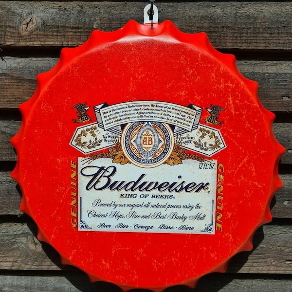 Wall Art/sign Budweiser Red Retro/Vintage Tin Metal 30cm Bottle Top Bar Pub