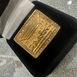 May include: A gold-colored belt buckle with a detailed design and clear rhinestones around the perimeter.