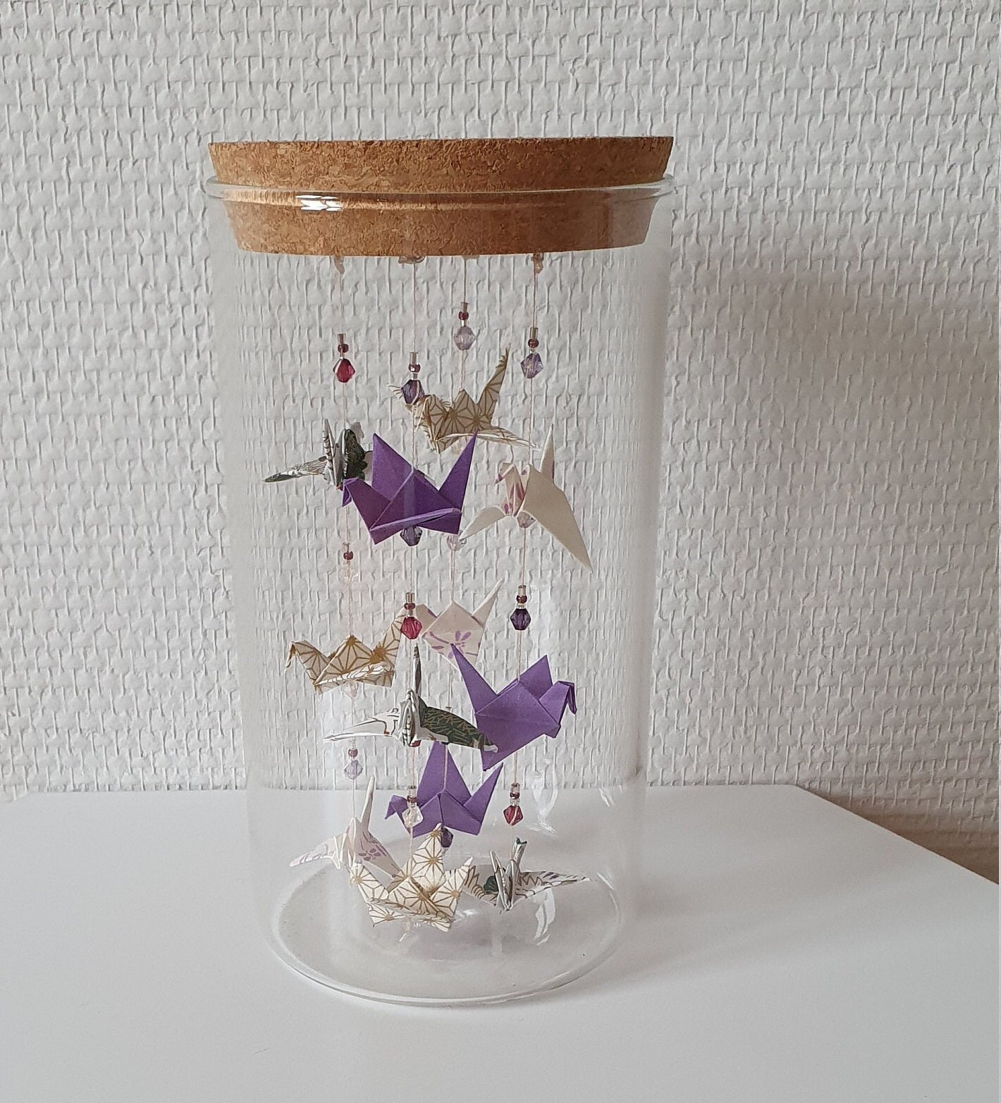 Bocal de 12 Grues en Origami - Violet et Blanc
