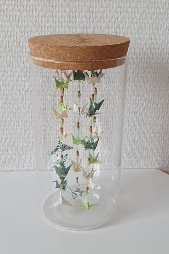 Bocal de 25 Grues en Origami - Vert et Blanc