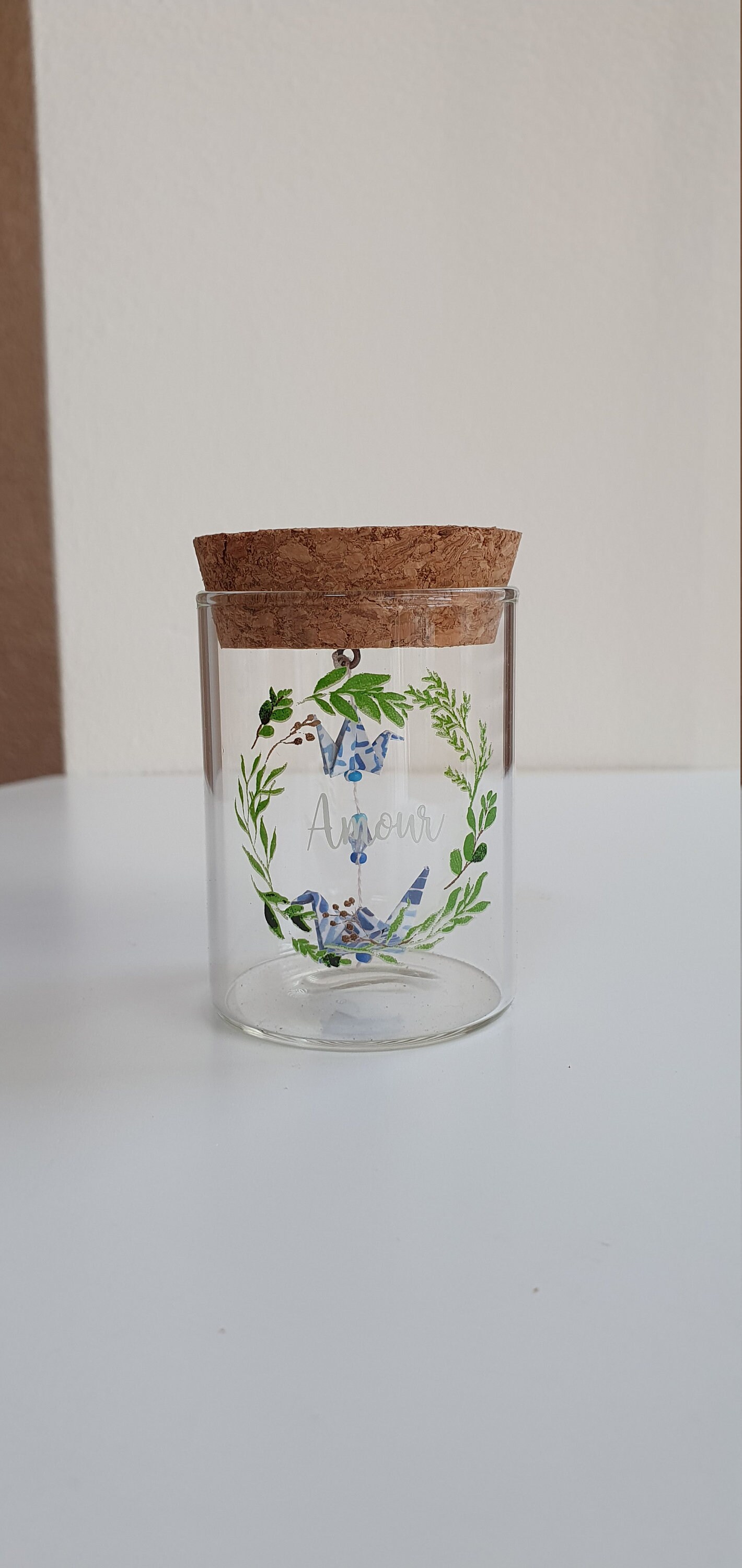 Flacon Couronne Végétale Amour Deux Grues Bleues et Blanches