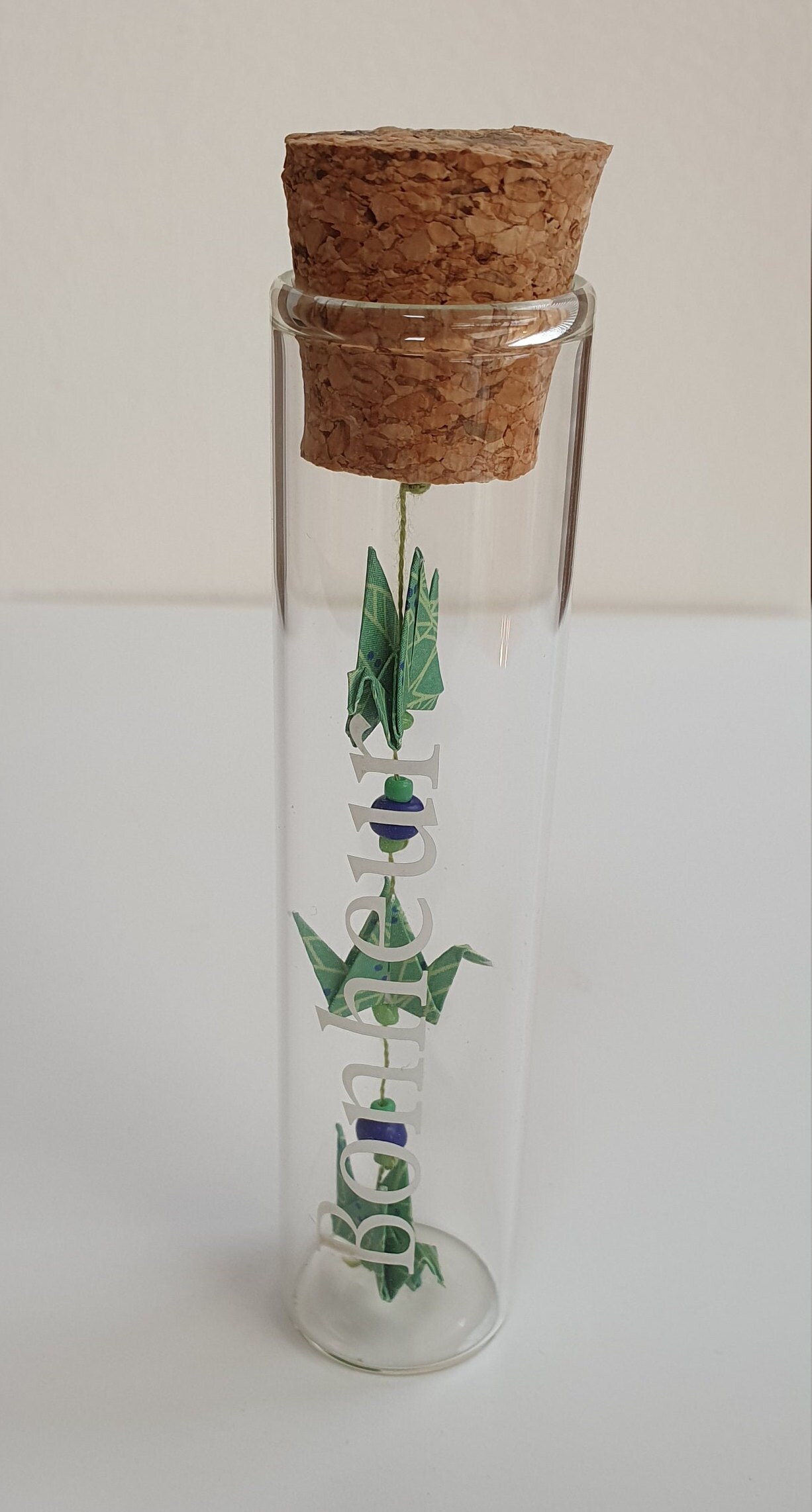 Fiole Origami Bonheur - Vert et Perles Bleues