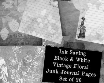 Tintensparende Schwarzweiß Junk Journal Seiten | Digitaler Download | Vintage viktorianische florale ästhetische Ephemera Scrapbooking Art Collage