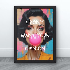 Retrato retrô com chiclete, pôster vintage com citação atrevida, ditado engraçado art déco, decoração de parede de dormitório feminino, arte de parede coquete, estilo pop art