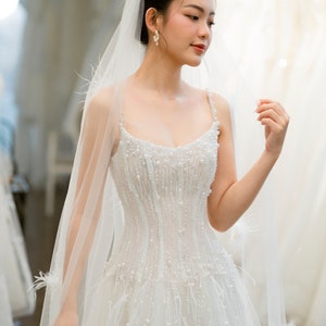 The Slit A-Line Pearl Spaghetti Straps Tulle Wedding Dress/Sparkle Feather Wedding dress/Romatic Wedding dress/Bridal Gift image 3