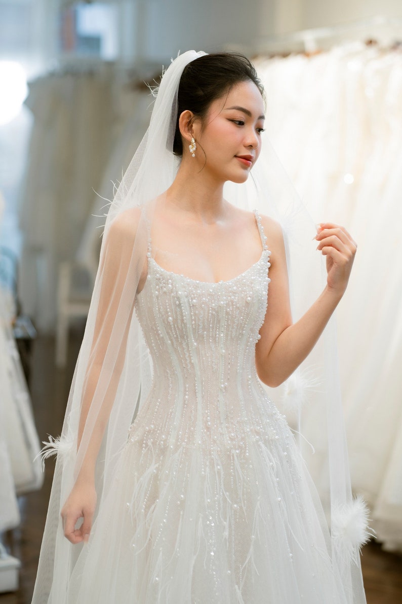 The Slit A-Line Pearl Spaghetti Straps Tulle Wedding Dress/Sparkle Feather Wedding dress/Romatic Wedding dress/Bridal Gift image 3