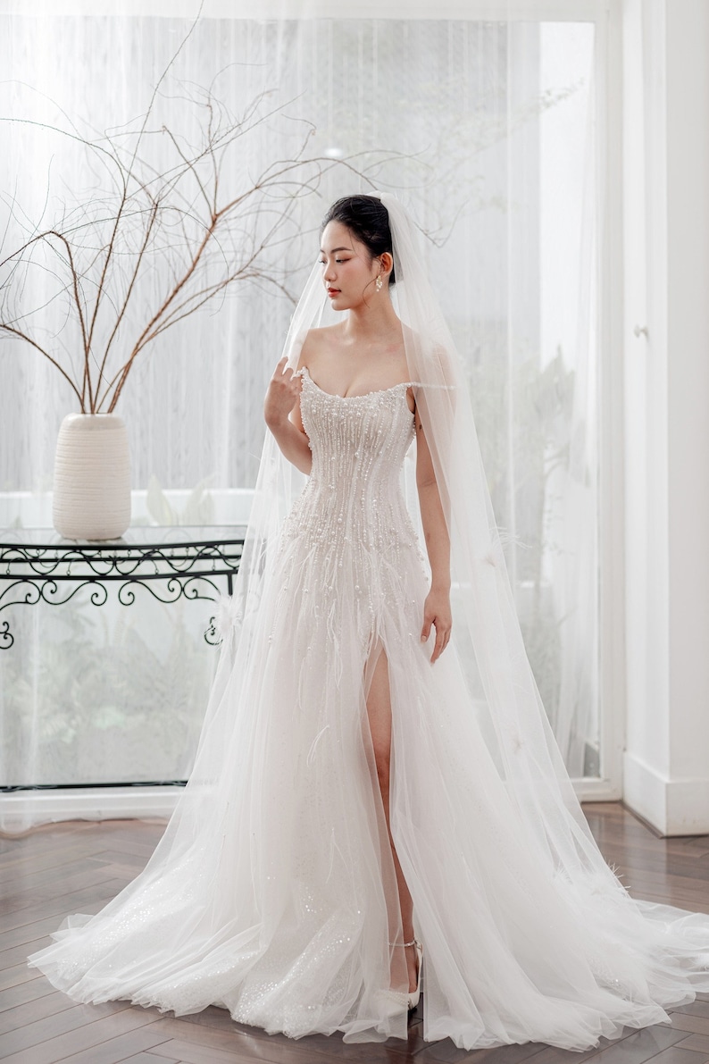 The Slit A-Line Pearl Spaghetti Straps Tulle Wedding Dress/Sparkle Feather Wedding dress/Romatic Wedding dress/Bridal Gift image 10
