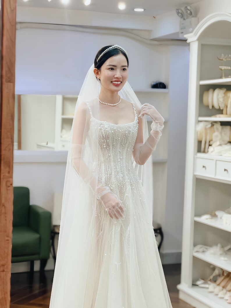 The Slit A-Line Pearl Spaghetti Straps Tulle Wedding Dress/Sparkle Feather Wedding dress/Romatic Wedding dress/Bridal Gift image 8
