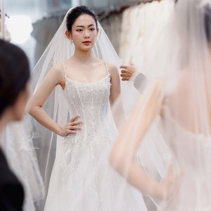 The Slit A-Line Pearl Spaghetti Straps Tulle Wedding Dress/Sparkle Feather Wedding dress/Romatic Wedding dress/Bridal Gift image 9