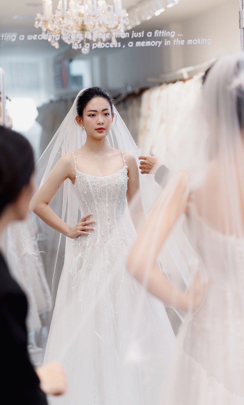 The Slit A-Line Pearl Spaghetti Straps Tulle Wedding Dress/Sparkle Feather Wedding dress/Romatic Wedding dress/Bridal Gift image 9