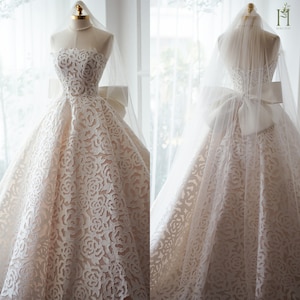 Vestido de novia clásico sin tirantes de encaje bordado de vestido de gala/vestido de novia elegante con corsé oculto con lazo/vestido de novia floral/regalo para la novia