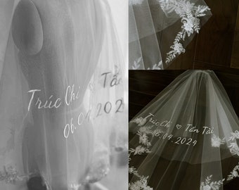 HV31/Bespoke Love Stories Veil/ Custom Lace veil/ 2 Layers Bridal veil/wedding veil/Bride & Groom Name Embroidery Veil/Bridal Gift