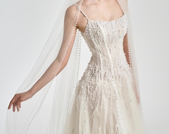 RENISA - Vestido de novia de tul con tirantes finos, corte A y perlas brillantes de lujo
