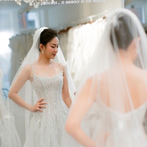 The Slit A-Line Pearl Spaghetti Straps Tulle Wedding Dress/Sparkle Feather Wedding dress/Romatic Wedding dress/Bridal Gift image 5