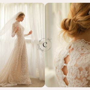 2022 The CLASSY Classic High Neck Close Back Lace Handmade Belamour Collection Wedding Dress