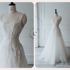 The Slit A-Line Pearl Spaghetti Straps Tulle Wedding Dress/Sparkle Feather Wedding dress/Romatic Wedding dress/Bridal Gift image 2