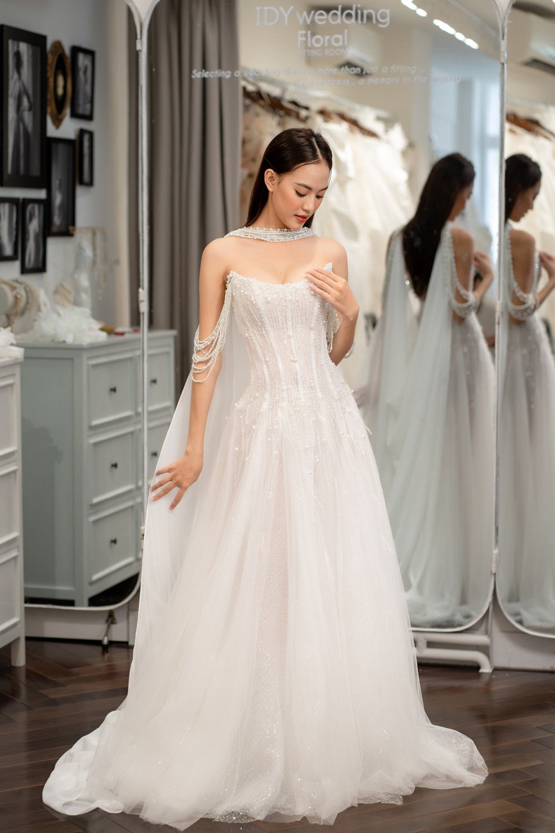 The Slit A-Line Pearl Spaghetti Straps Tulle Wedding Dress/Sparkle Feather Wedding dress/Romatic Wedding dress/Bridal Gift image 4