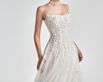 MIRABELLA - Premium A-lijn gebroken witte bling & glamour sweep train zware kralen