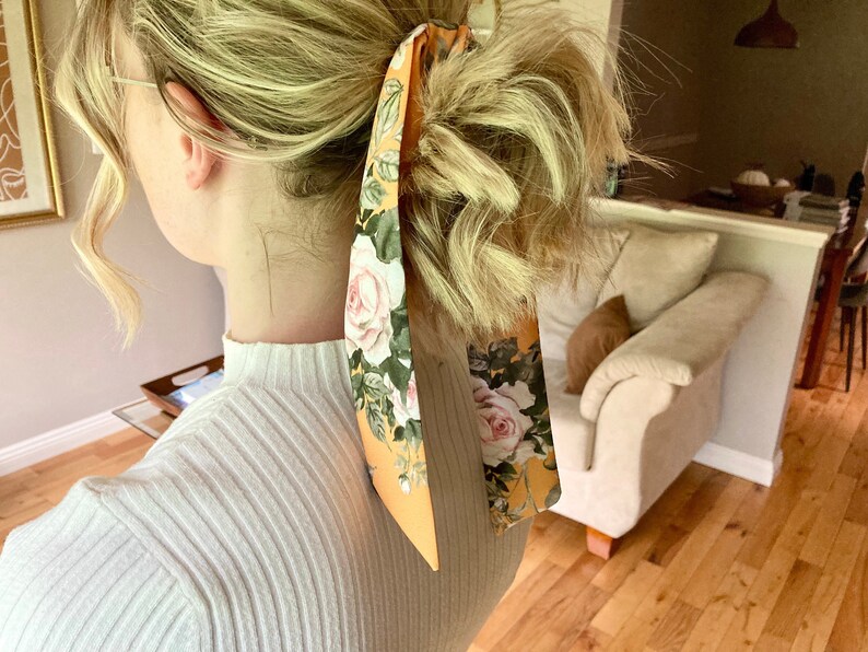 Floral Hair Scarf, Headband Scarf, Yellow Rose, Chiffon Head Scarf, Purse Scarf,Wear 5 Ways Scarf,Flowy Headband, Gifts for Her, Accessories image 1