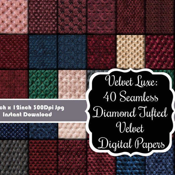 Velvet Luxe: 40 Seamless Diamond Tufted Velvet Digital Papers Set