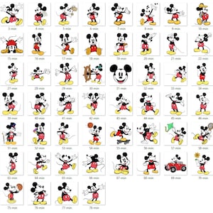 K&ouml;nnte beinhalten: Eine Sammlung von 78 Schwarzwei&szlig;illustrationen von Mickey Mouse in verschiedenen Posen und mit unterschiedlichen Accessoires. Jede Illustration ist mit einer Nummer und dem Wort "min" beschriftet.