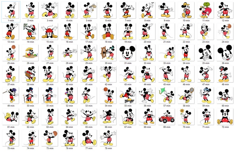 K&ouml;nnte beinhalten: Eine Sammlung von 78 Schwarzwei&szlig;illustrationen von Mickey Mouse in verschiedenen Posen und mit unterschiedlichen Accessoires. Jede Illustration ist mit einer Nummer und dem Wort "min" beschriftet.
