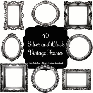 Majestad monocromática: paquete de imágenes prediseñadas de 40 marcos vintage en plata y negro