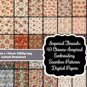 May include: A digital paper pack with 40 seamless patterns inspired by Chinese embroidery. The patterns feature red, gold, and white colors and include floral, dragon, and landscape designs. The pack includes 12-inch by 12-inch JPG files at 300 DPI.