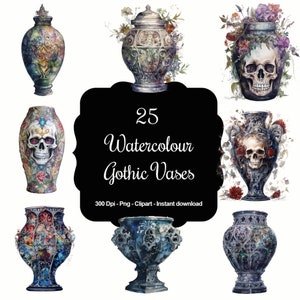 Pode incluir: 25 Vasos góticos de aquarela. Uma coleção de vasos ornamentados e detalhados com motivos de caveiras e flores. Os vasos são pintados em uma variedade de cores, incluindo preto, azul, verde e vermelho.