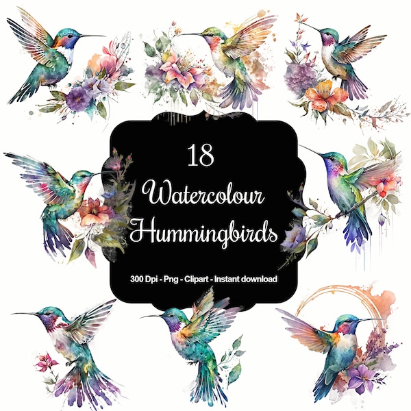 Whispering Wings: 18 Watercolour Hummingbirds Clipart Set