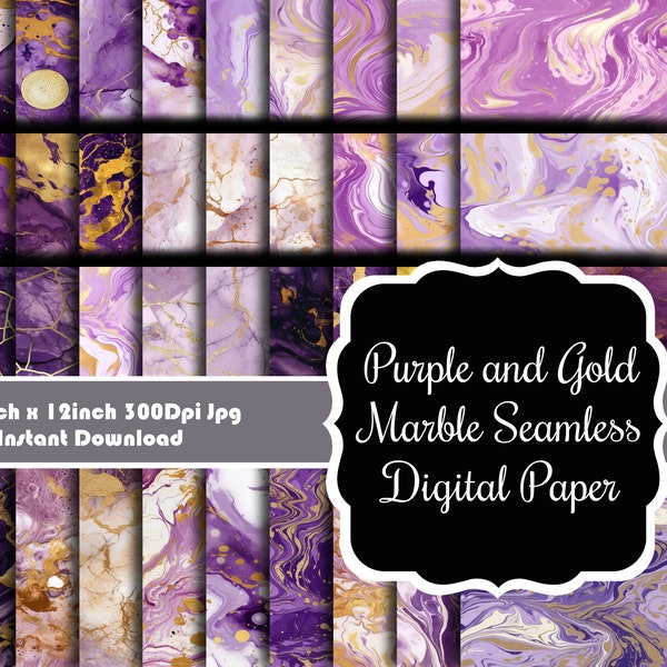 Regal Elegance: 40 Seamless Purple & Gold Marble Digital Papers Set