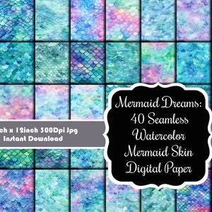 May include: 40 digital paper designs featuring seamless watercolor mermaid scales in shades of blue, green, and purple. Each design is 12 inches by 12 inches and 300 dpi.