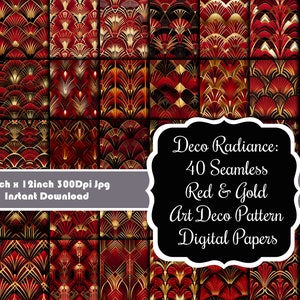 Deco Radiance: 40 bezszwowych czerwonych i złotych wzorów Art Deco papierów cyfrowych