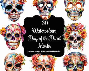 25 Watercolour Day of the Dead Masks, Instant Download, 300 Dpi, Transparent PNG Files, Commercial use