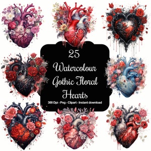 Dark Romance: Conjunto de 25 imágenes prediseñadas de corazón floral gótico en acuarela