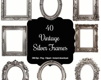 40 Vintage Silver Frames, High Quality Clipart, Instant Download, 300 Dpi, Transparent PNG Files, Commercial use