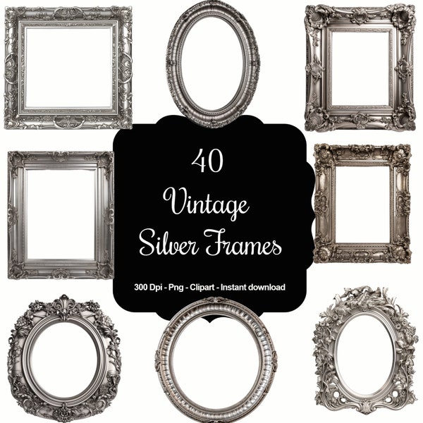 40 Vintage Silver Frames, High Quality Clipart, Instant Download, 300 Dpi, Transparent PNG Files, Commercial use