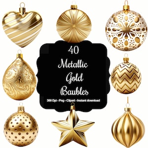 Elegancia dorada: Colección de imágenes prediseñadas de 40 adornos navideños dorados y metálicos