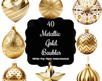 Golden Elegance: 40 Metallic Gold Christmas Baubles Clipart Collection