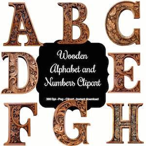 Artesanía en madera rústica: conjunto de imágenes prediseñadas de letras y números de madera