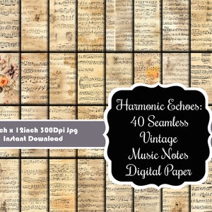 Ecos armónicos: colección de papel digital de 40 notas musicales vintage sin costuras