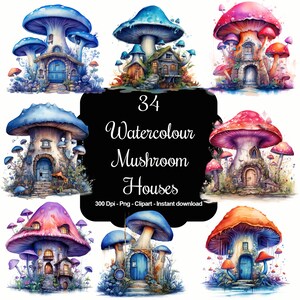 Bezauberndes Fantasy Fairy Pilz Häuser Clipart Set - entfachen Sie Ihre Fantasie mit magischen Designs - 34 einzigartige Bilder, sofort Download